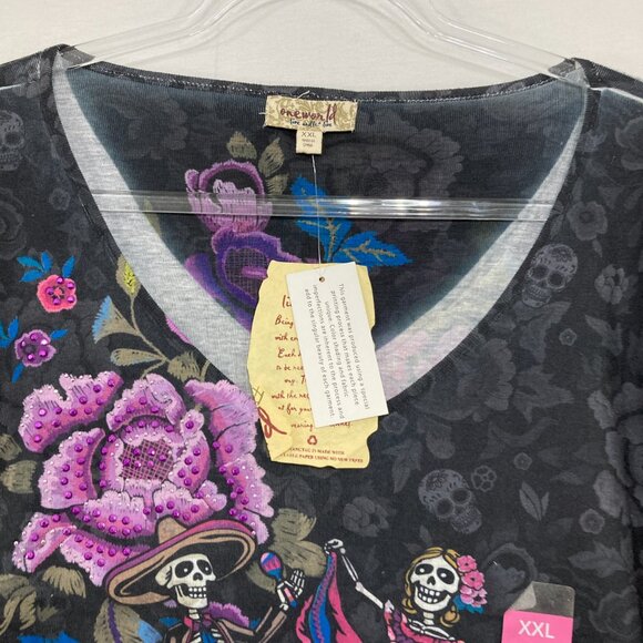 New One World size XXL Black Purple Floral V neck Novelty Skeleton Print Top - Picture 3 of 10